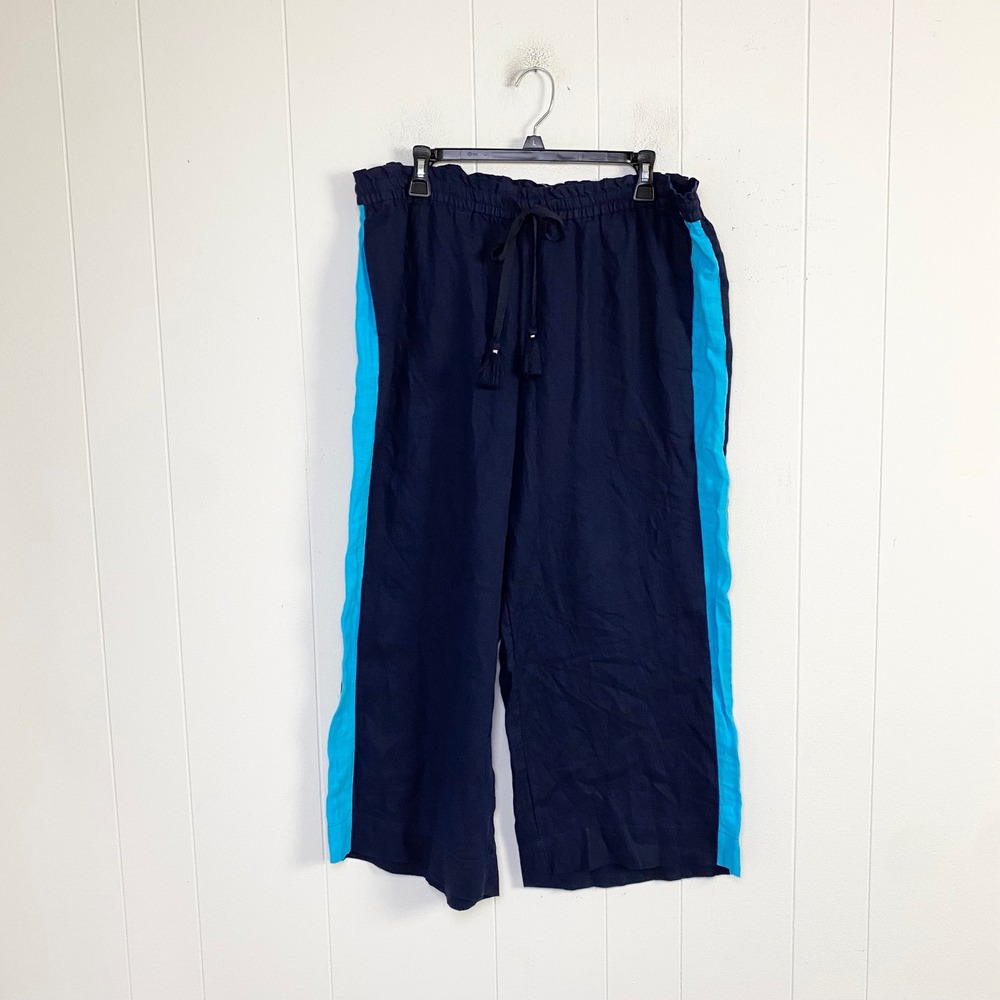 J.Crew Linen Wide Leg Side Stripe Crop Pants Navy Blue AM988 Womens L NEW